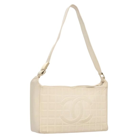 CHANEL Choco Bar Shoulder Bag Leather White CC - Picture 1 of 15